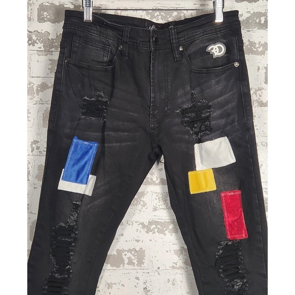 Frost Origs Distressed Patchwork Jeans Mens 32 Black Ripped Streetwear Urban - Picture 3 of 16